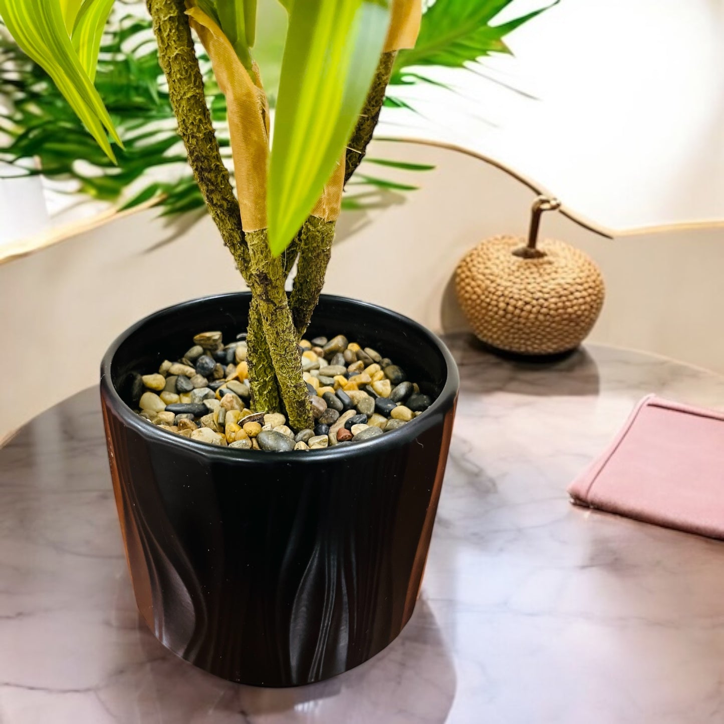 Artificial Cornstalk Plant in Ceramic Pot with Pebbles