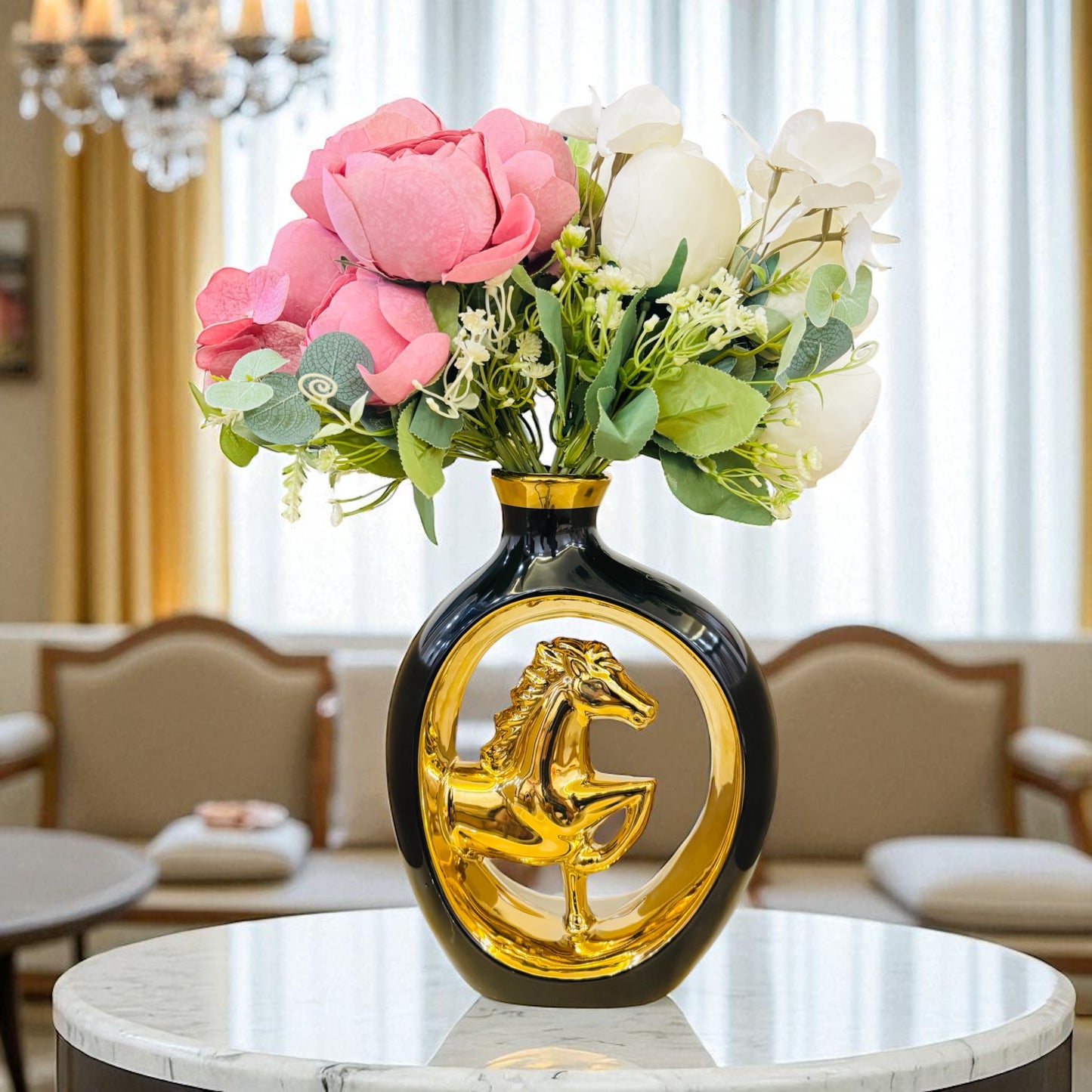 Luxury Black & Gold Metal Vase with Decorative Horse Design