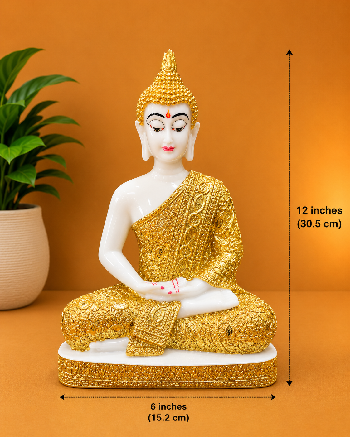 White & Gold Meditating Buddha Showpiece – Premium Decorative Buddha Statue for Home, Office, Temple & Meditation Décor