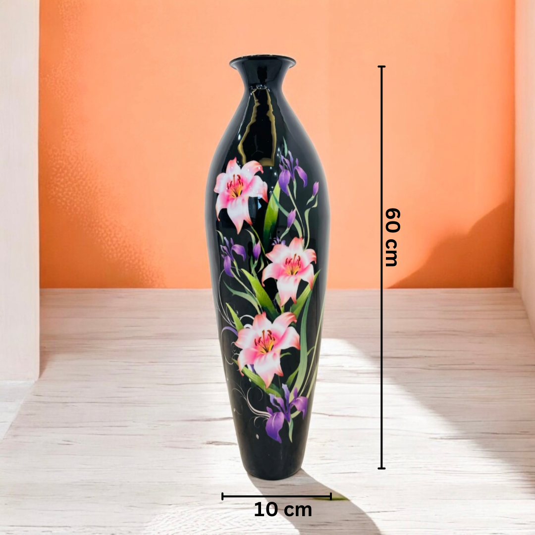 Black Floral Printed Tall Metal Cylindrical Floor Vase for Stylish Home Decor