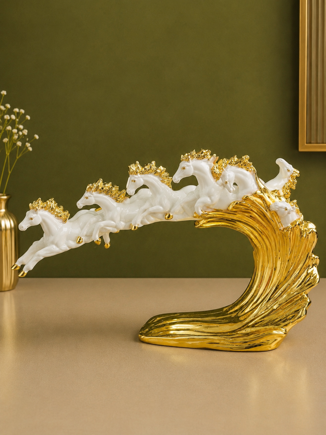 Seven Running Horses White and Gold Resin Statue 18 Inch Tabletop Decor for Home and Office