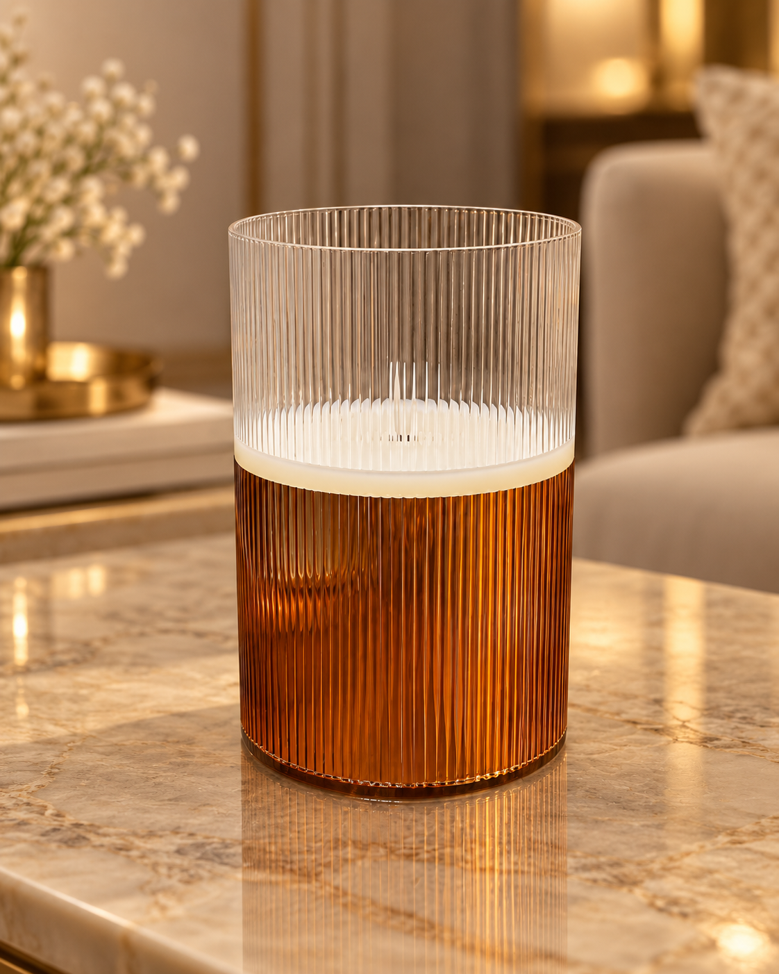 Dual-Tone Ribbed Glass LED Flameless Candle – 6 Inches, Diameter 4 Inch