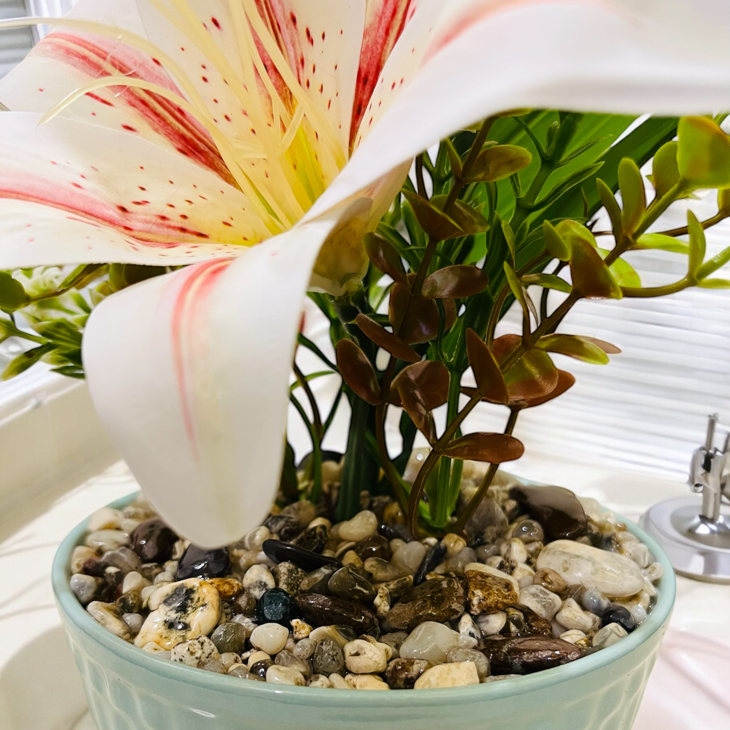 Artificial White Lily Plant in Ceramic Pot with Authentic Pebbles - Elegant Home and Bathroom Décor