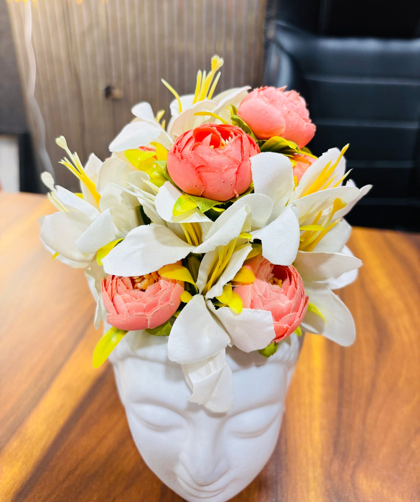 Artificial Flower Arrangement with Buddha Head Vase – White Lily & Pink Peony Decor