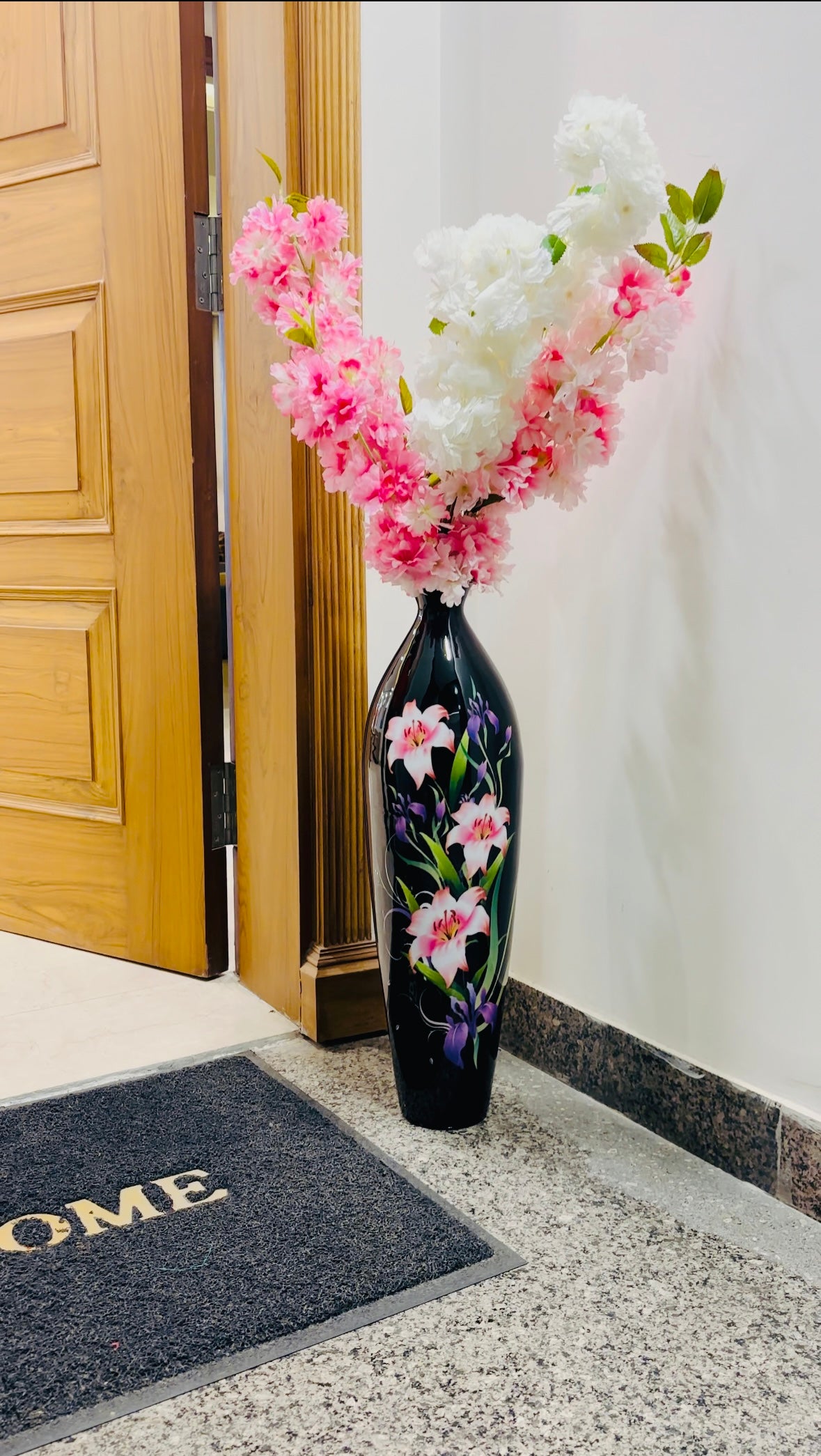 Black Floral Printed Tall Metal Cylindrical Floor Vase for Stylish Home Decor