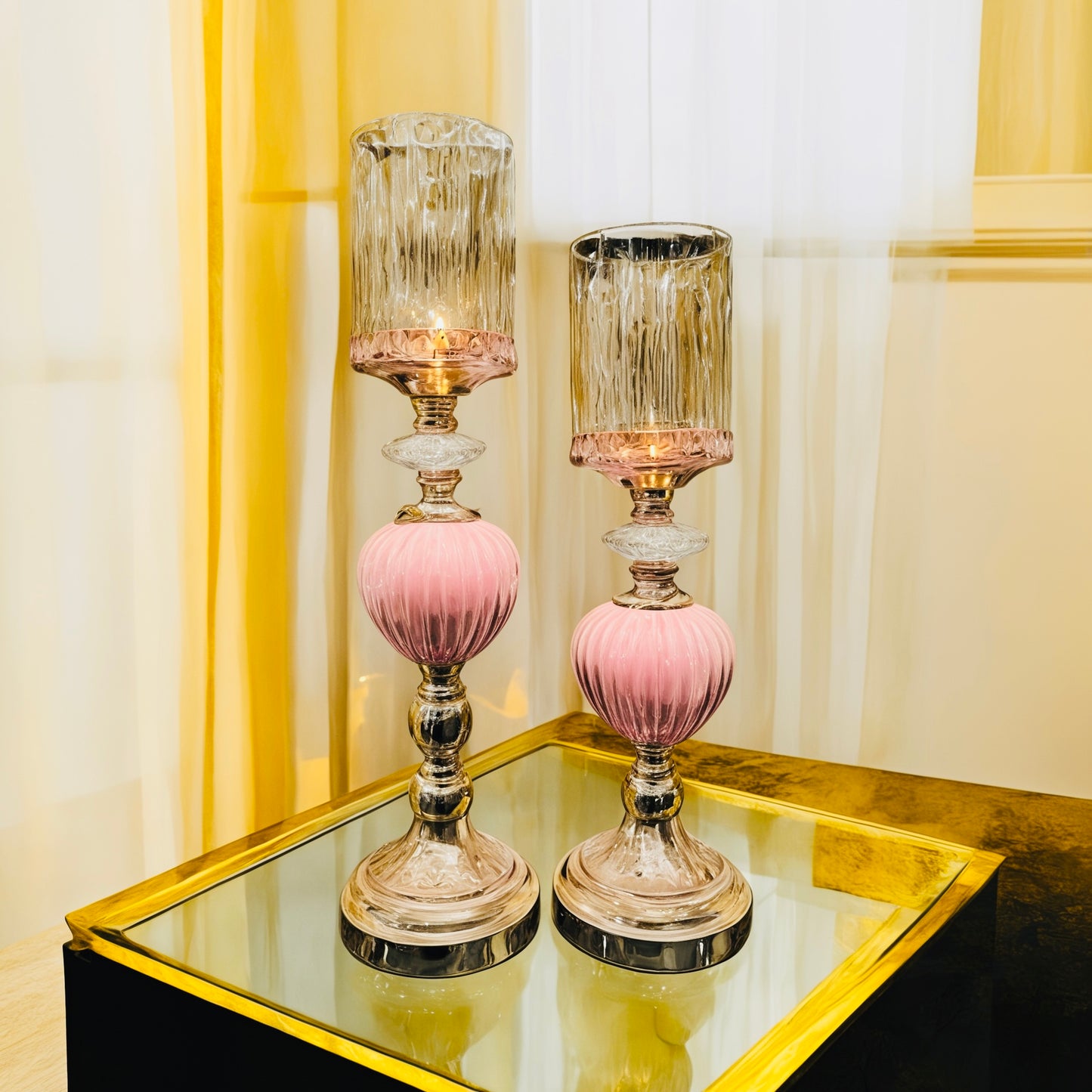 Chic Pink and Gold Metal Candle Holders Set of 2 for Modern Home Decor