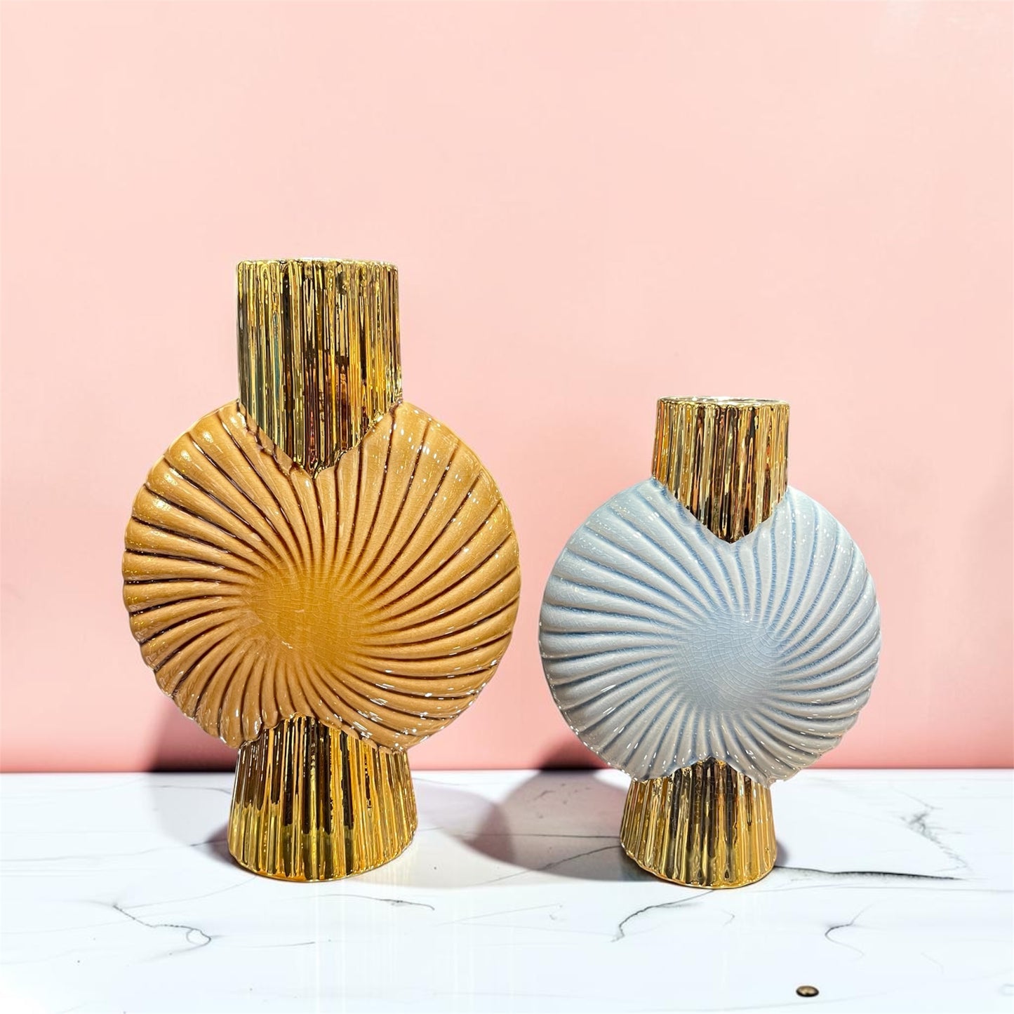 Modern Swirl Ceramic Vase with Gold Accent Base & Neck