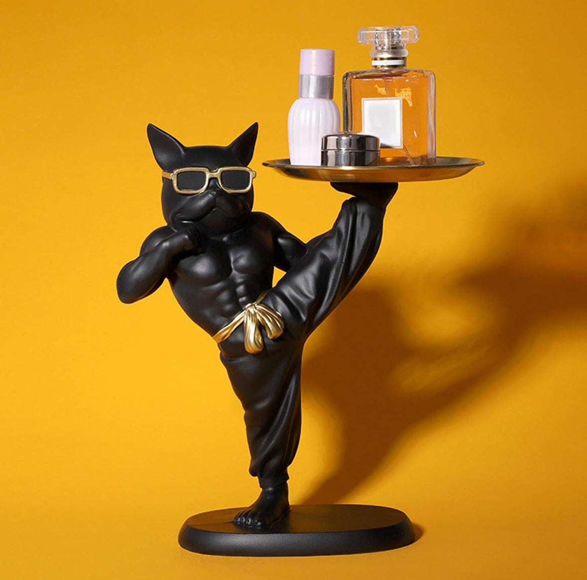Elegant French Bulldog Butler Tray – Black & Gold Decorative Stand for Home Decor