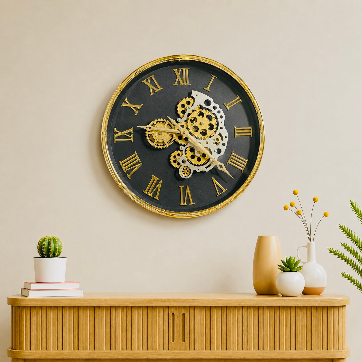 Luxury Roman Numeral Gear Wall Clock – Black & Gold Designer Clock