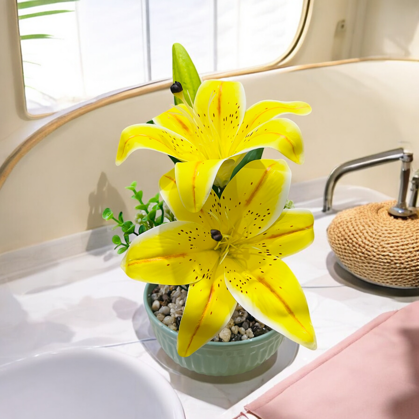 Artificial Yellow Lily Plant in Ceramic Pot with Authentic Pebbles - Stylish Home Décor