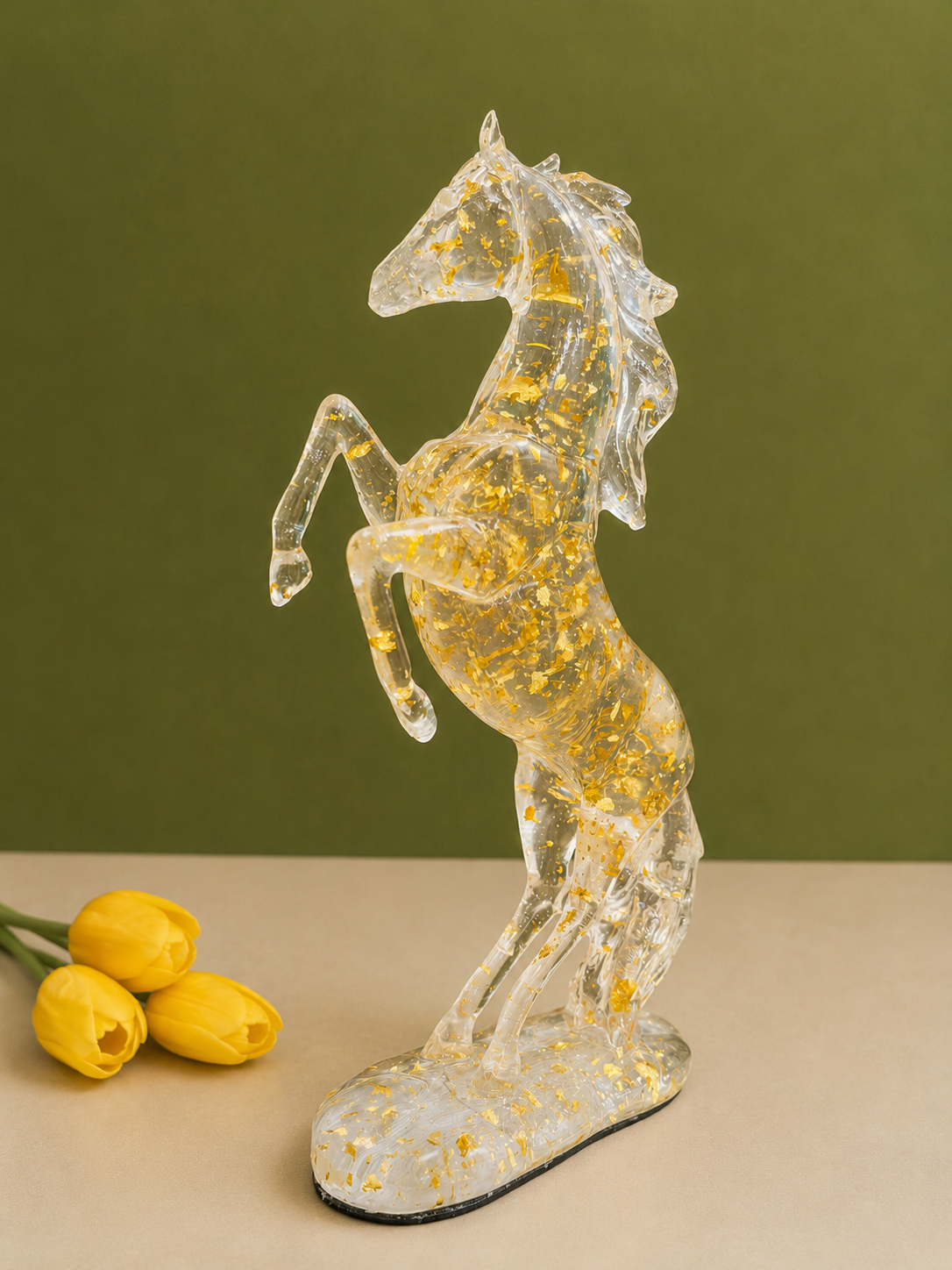 Clear Resin & Gold Foil Rearing Horse Figurine 15 Inch for Home and Office Decor