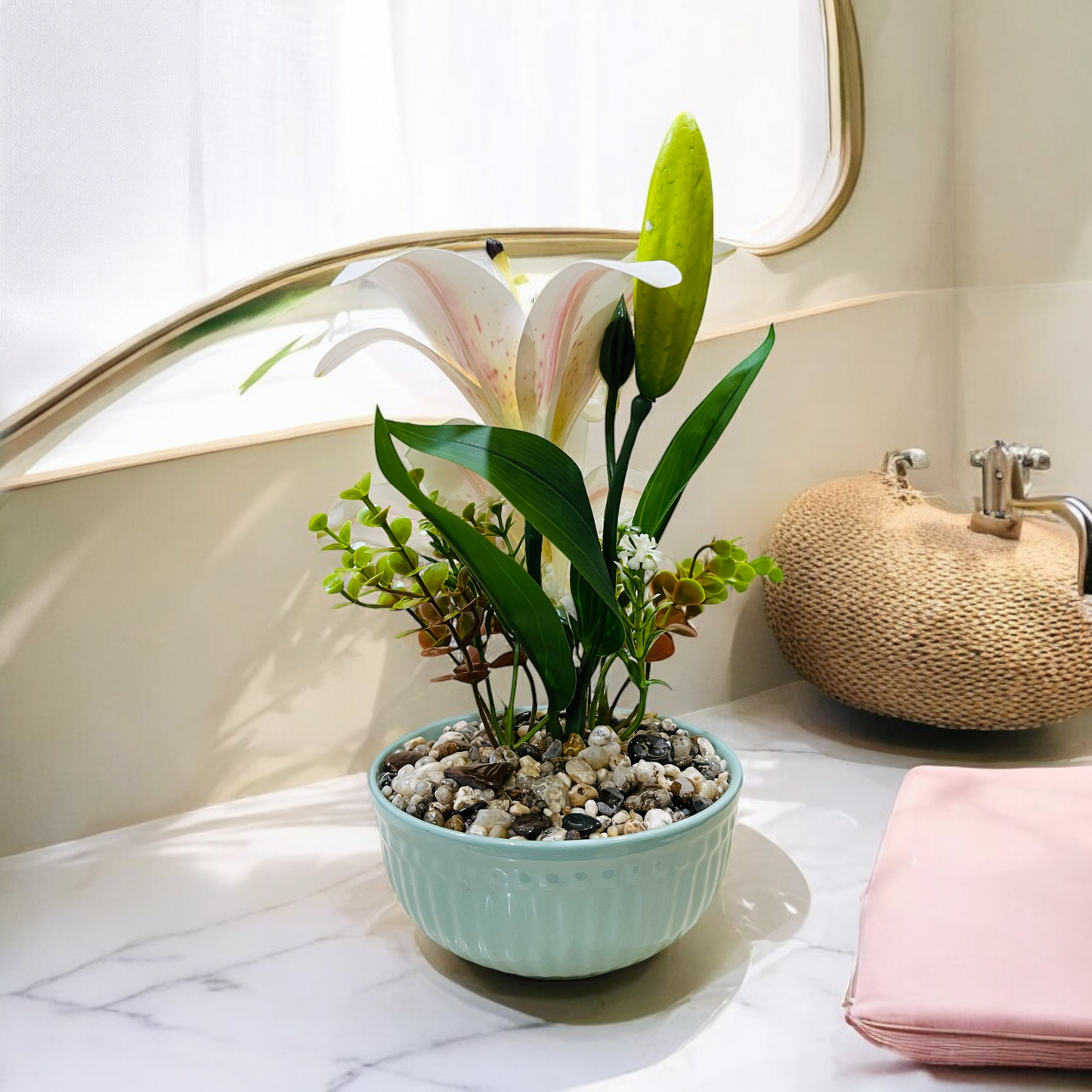 Artificial White Lily Plant in Ceramic Pot with Authentic Pebbles - Elegant Home and Bathroom Décor