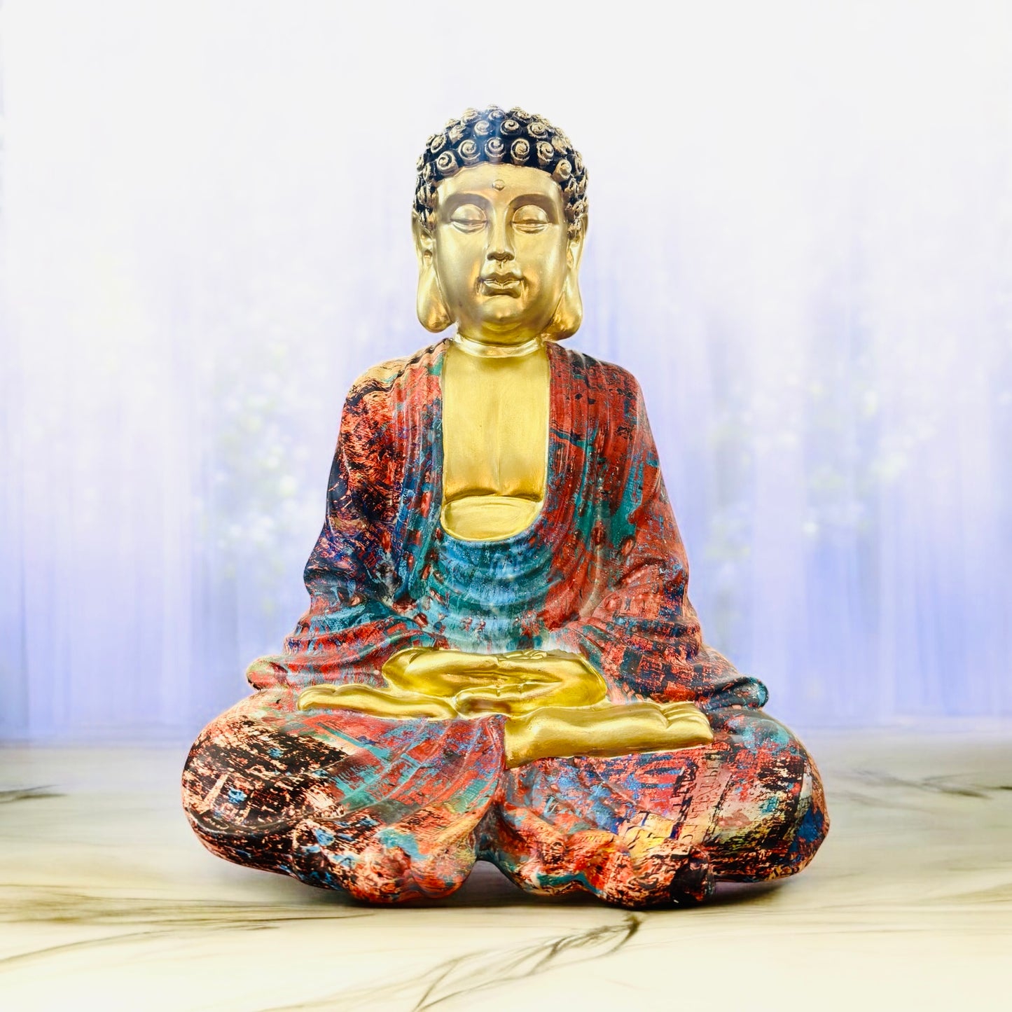 Meditating Golden Buddha Showpiece Multi-color shade Design