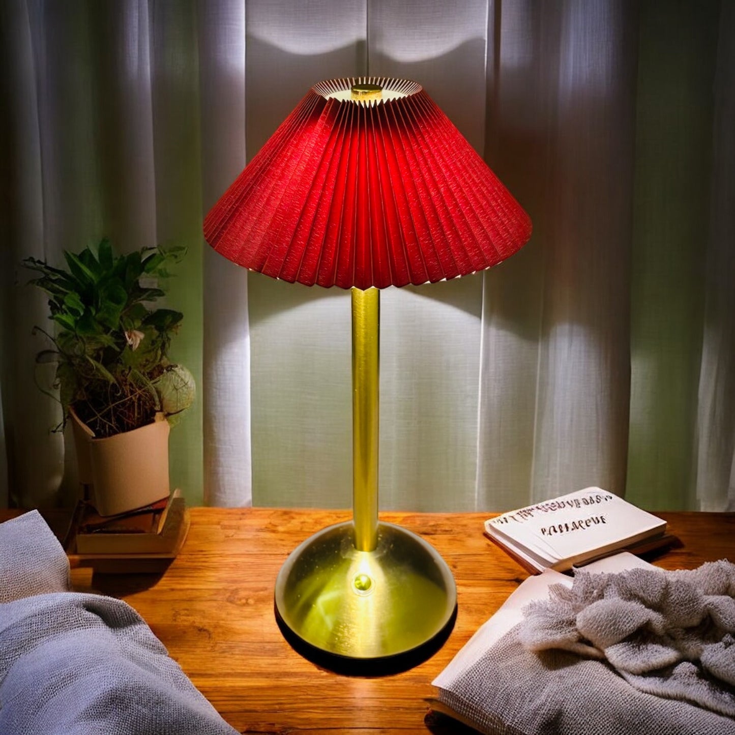 Elegant Gold Table Lamp with Pleated Red Shade