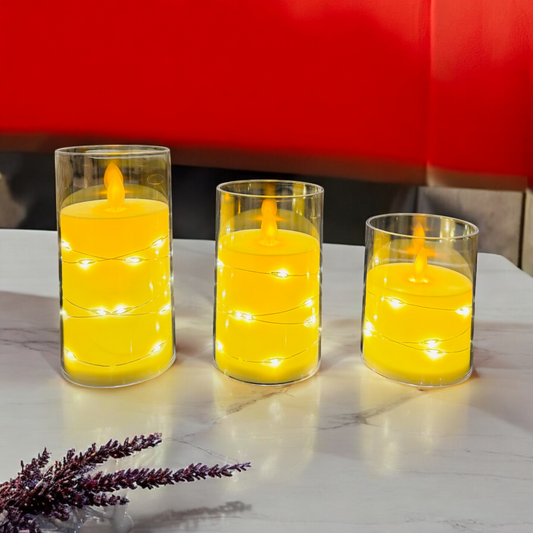 Artificial LED Candles with Glass Set of 3   – Warm Glow with String Lights for Ambient Decor