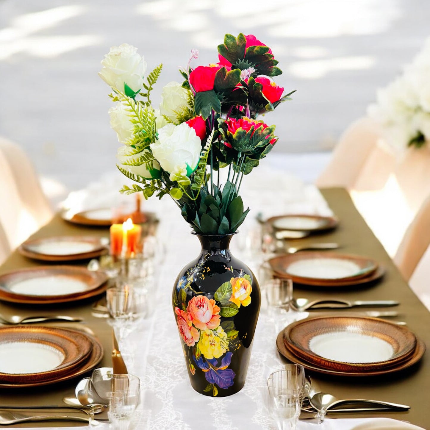 Black Floral Printed Metal Vase for Stylish Table Decor and Home Decor