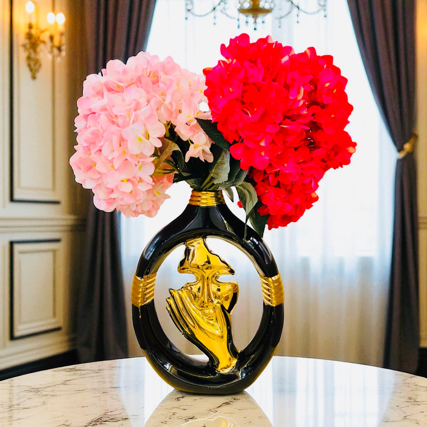 Luxury Black & Gold Abstract Face Metal Vase For Table Decor