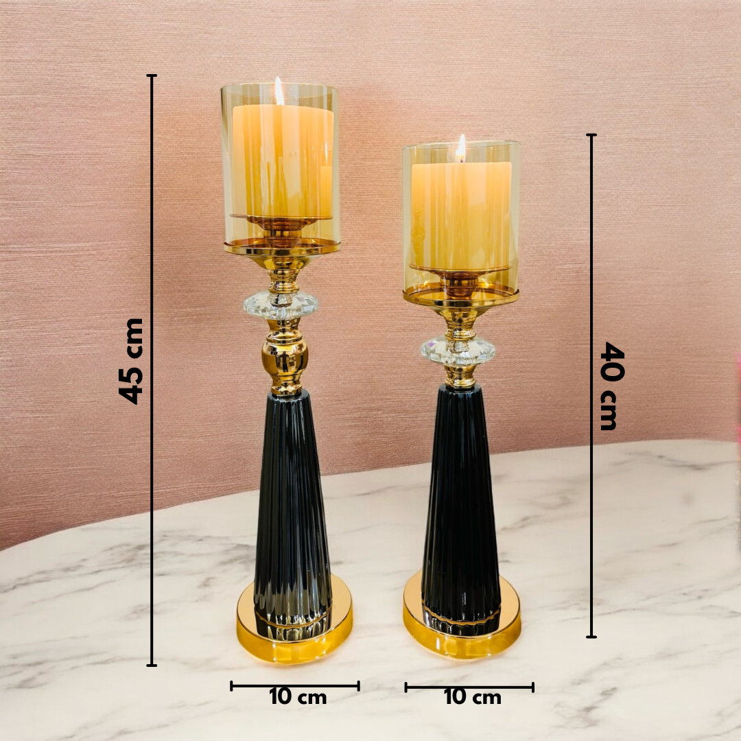 Elegant Gold & Black Glass Candle Holders with Crystal Accents - Set of 2