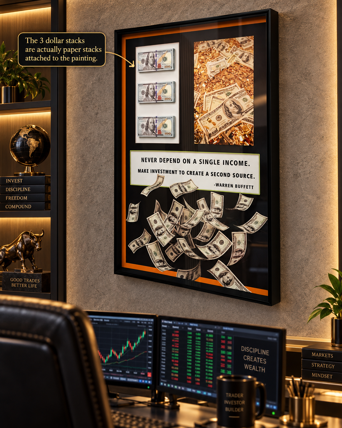 3D Wealth & Investment Motivational Wall Art Shadow Box – Warren Buffett Money Theme (32*24 Inches)