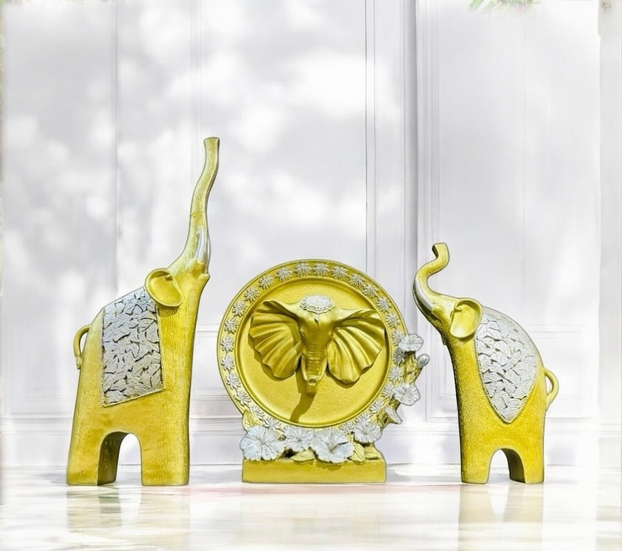 Artistic Golden Elephant Set and Silver Accent With Euro Ceramic Plate Showpiece