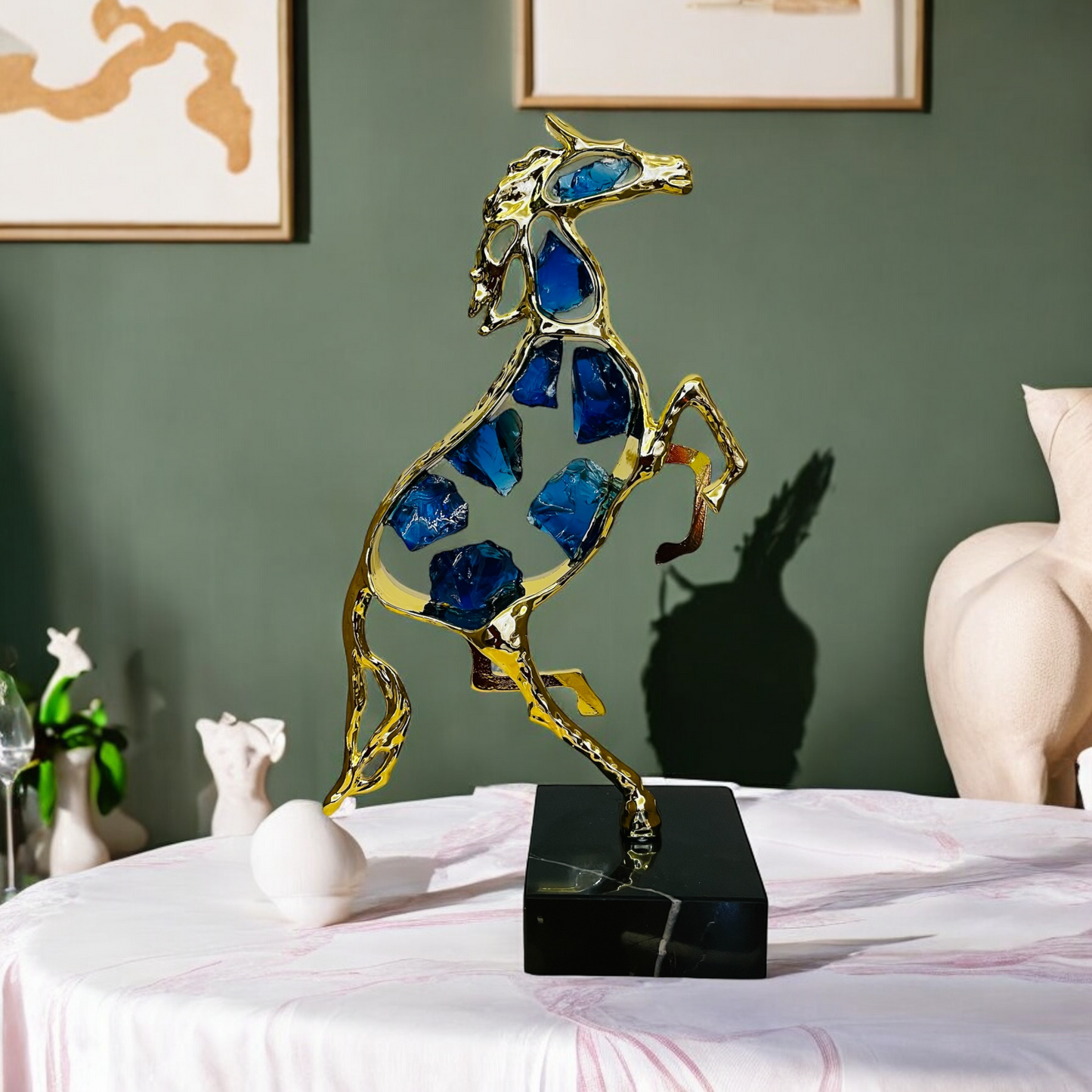 Golden Metal Horse Showpiece with Blue Crystal Accents on Marble Base