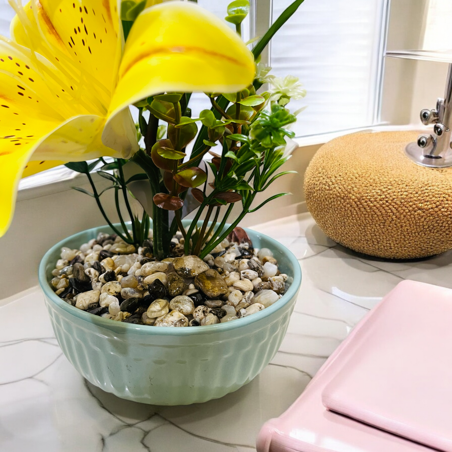 Artificial Yellow Lily Plant in Ceramic Pot with Authentic Pebbles - Stylish Home Décor