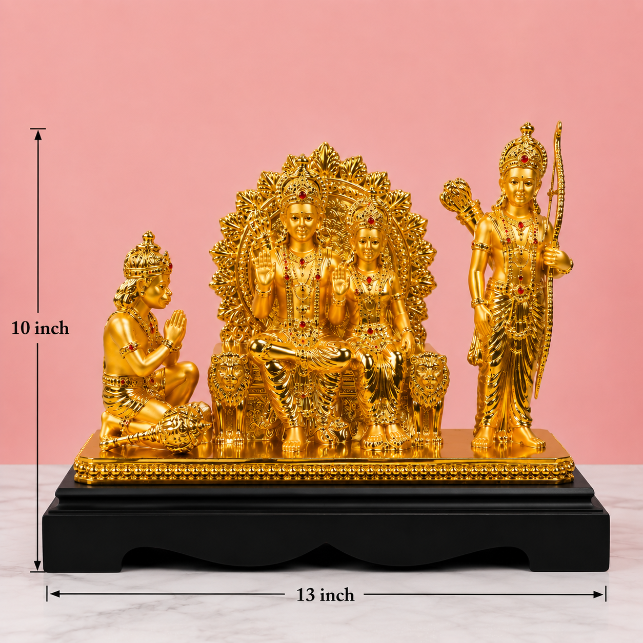 Premium Gold Finish Ram Darbar Showpiece with Wooden Base | Lord Ram, Sita, Lakshman & Hanuman Idol for Home Temple & Living Room (13 x 10 Inch)