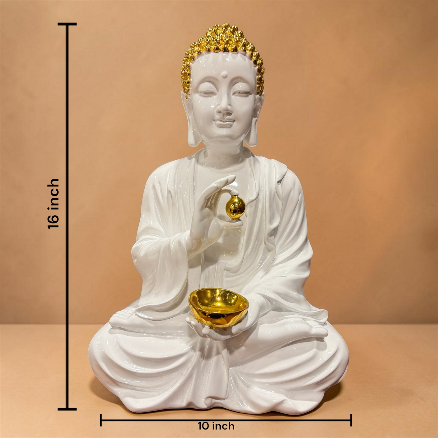 White Ceramic Meditating Buddha Showpiece with Gold Accents | Premium Decorative Statue for Home, Office & Living Room (16 Inch)