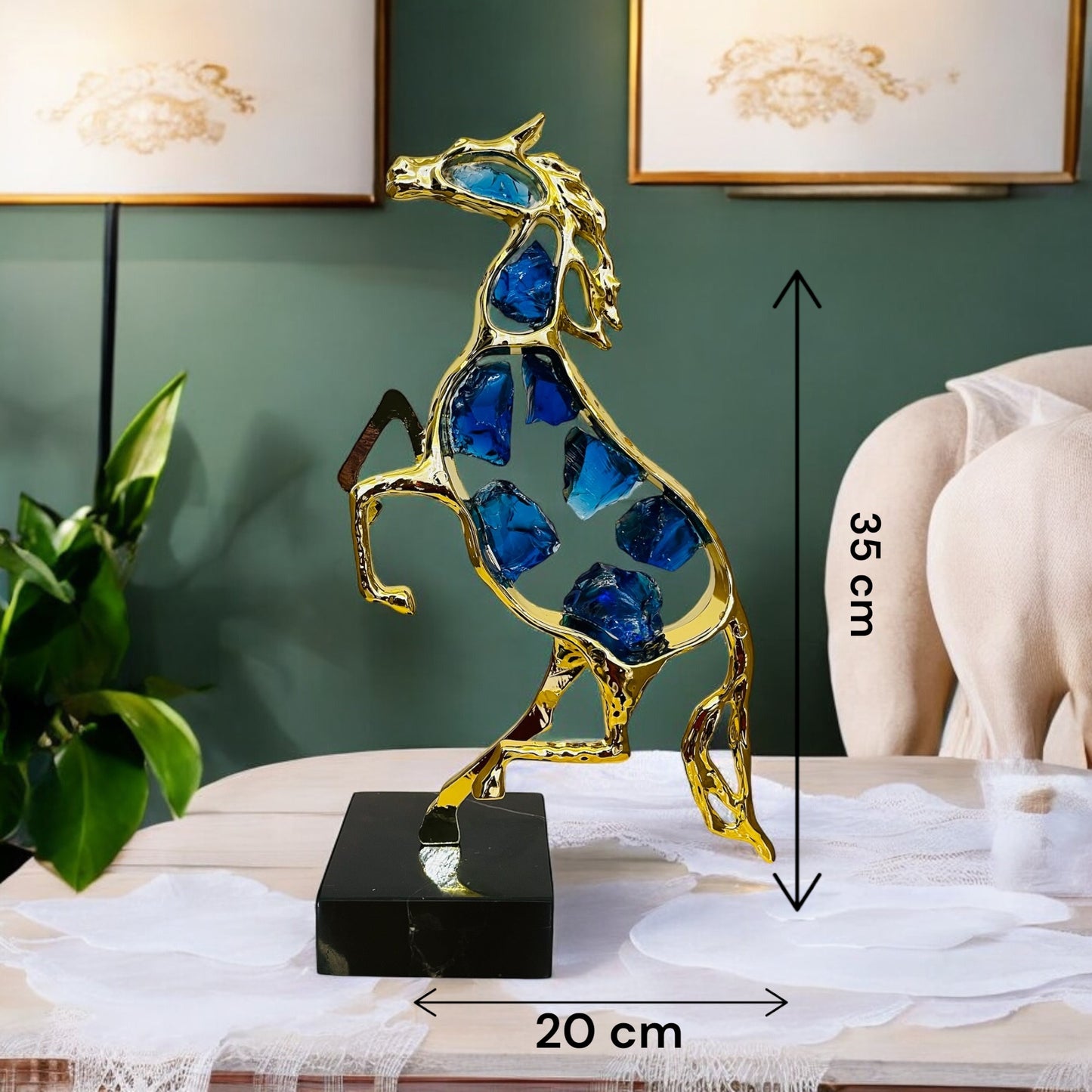 Golden Metal Horse Showpiece with Blue Crystal Accents on Marble Base