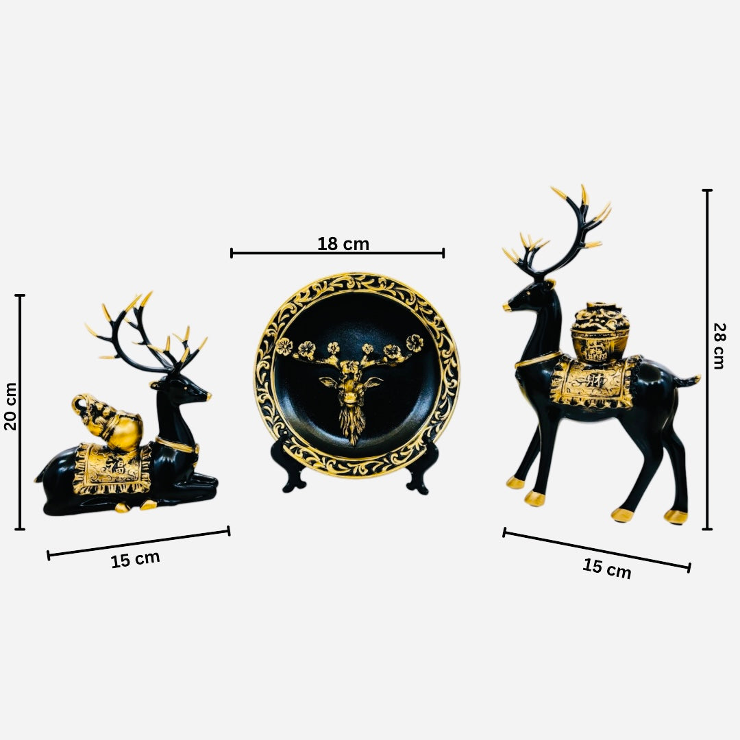 ARTISTIC BLACK DEER SET WITH EURO CERAMIC PLATE SHOWPIECE
