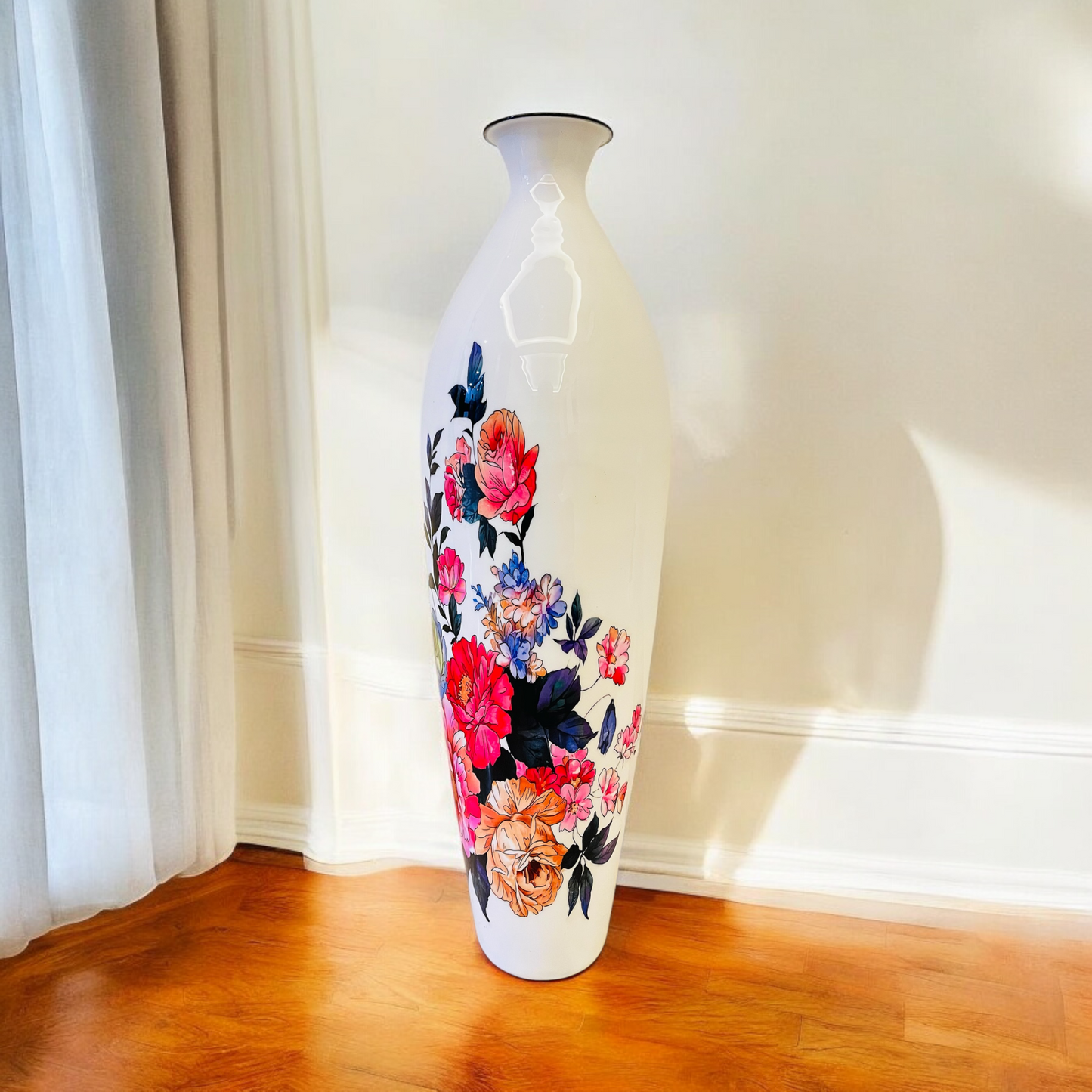 Colorful Floral Printed Tall Metal Cylindrical Floor Vase for Stylish Home Decor