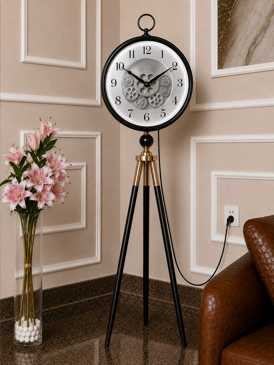 Luxury Illuminated Gear Tripod Floor Clock – Black with Silver Gears and With light