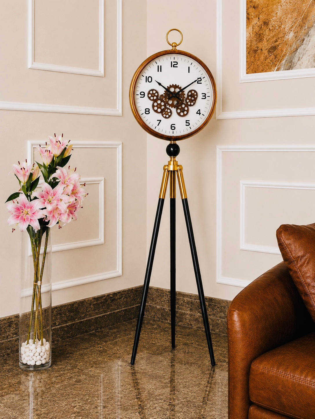 Luxury Gear Design Tripod Floor Clock with Decorative Stand