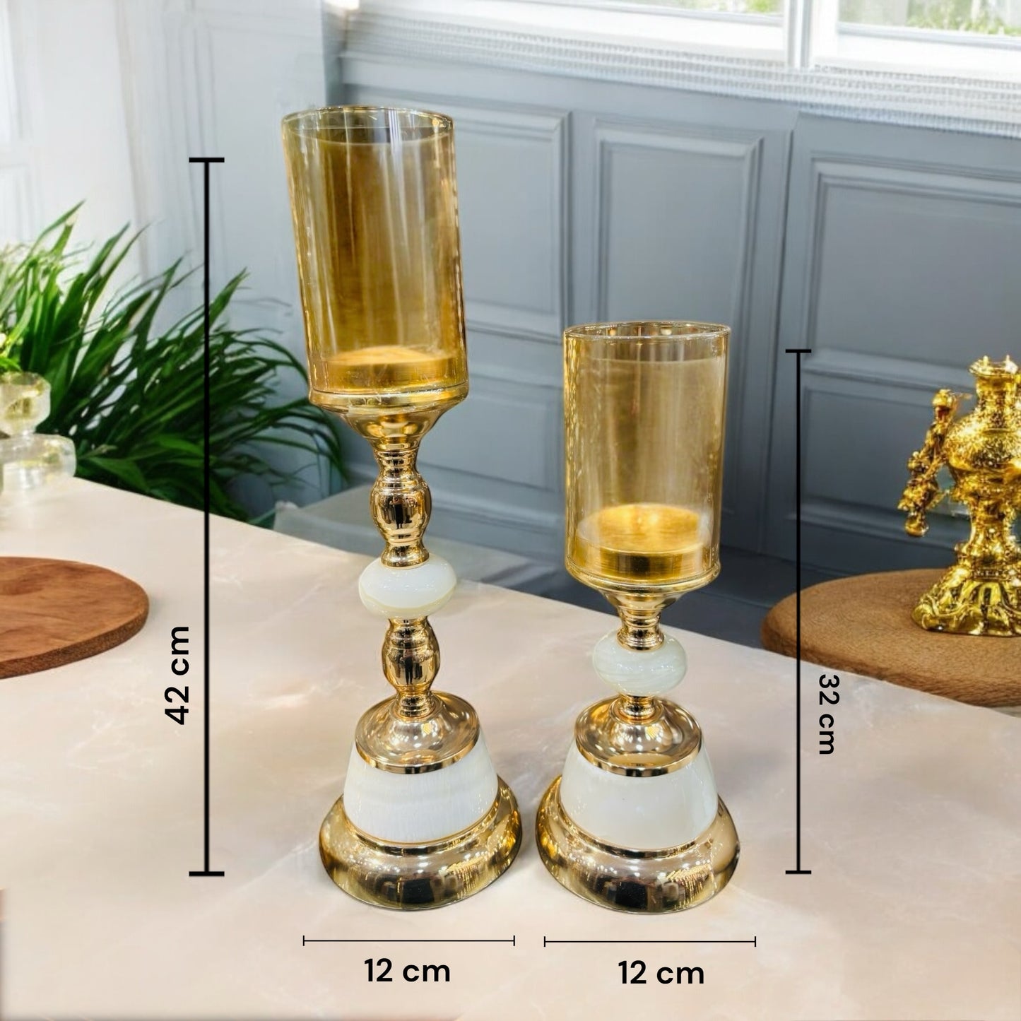 Grandeur Marble & Gold Candle Holder Set of 2 for Table Decor and Home Decor