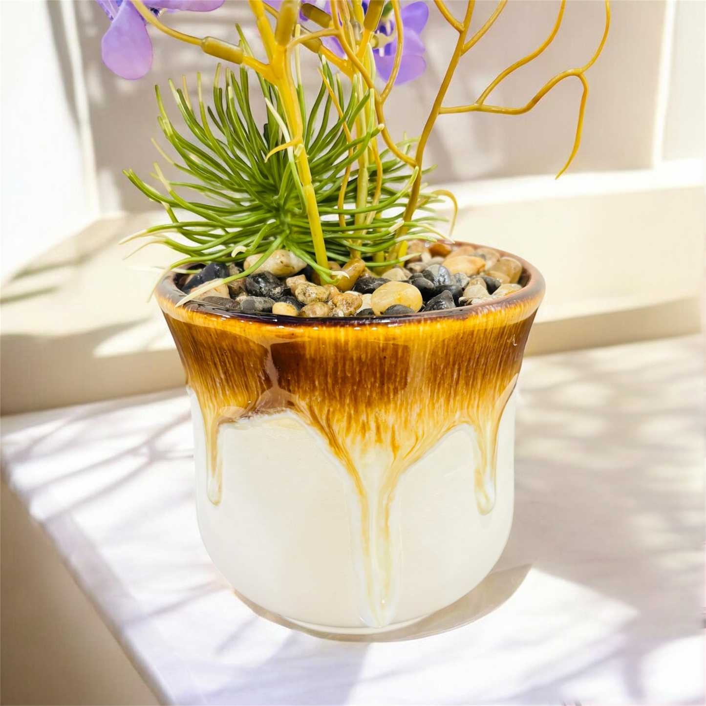 Artificial Purple Blossom Plant in Coffee Style Ceramic Pot – Elegant Table & Bathroom Decor Accent