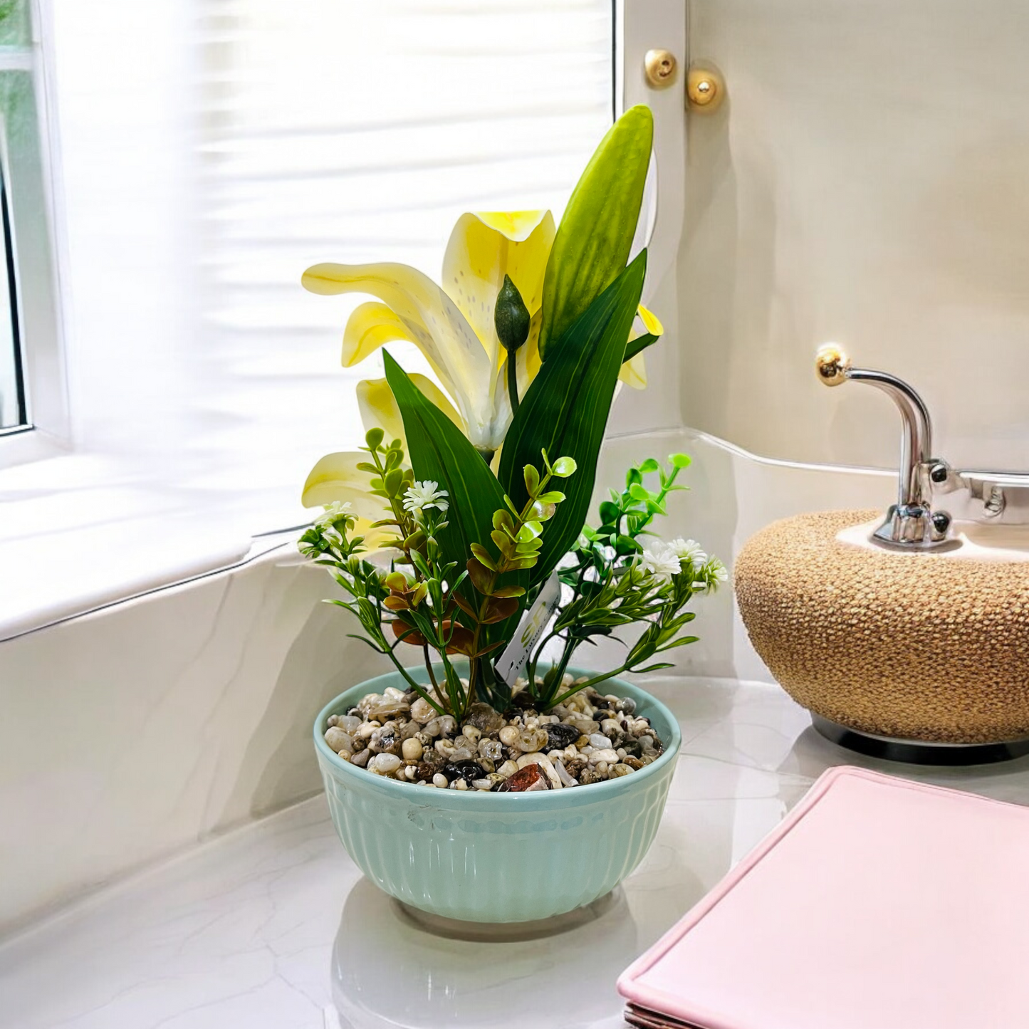 Artificial Yellow Lily Plant in Ceramic Pot with Authentic Pebbles - Stylish Home Décor