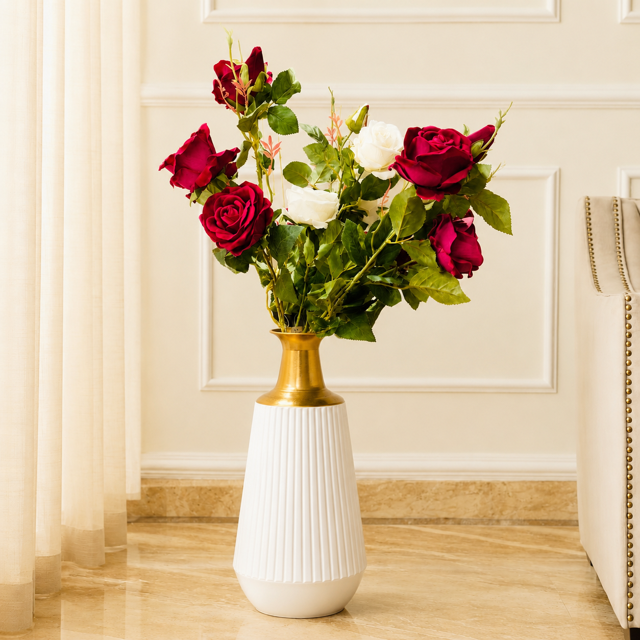 Premium White & Gold Ribbed Floor Vase – 19 Inches | Modern Decorative Vase