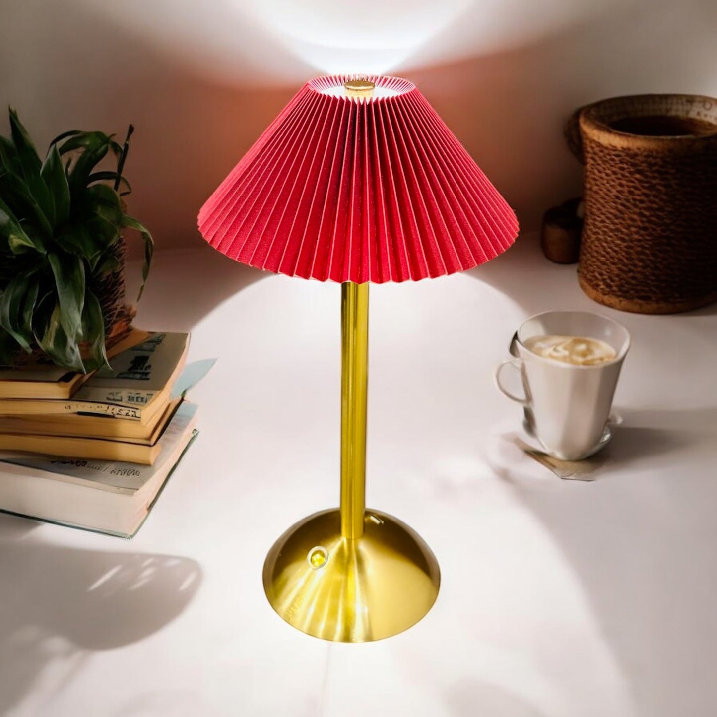 Elegant Gold Table Lamp with Pleated Red Shade