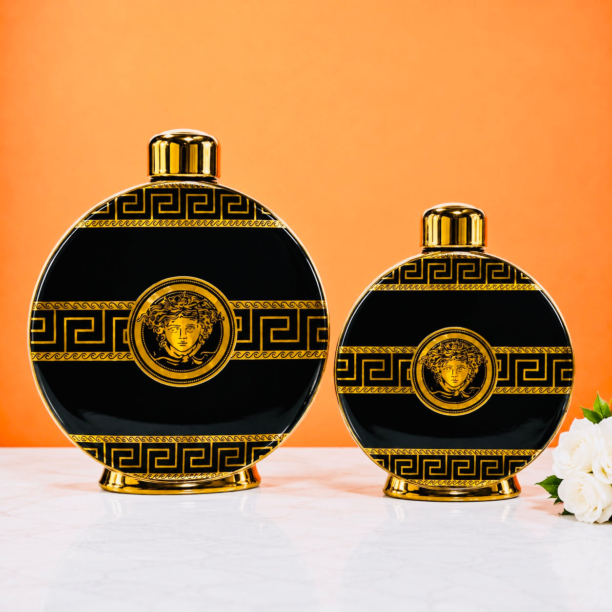 Luxury Black & Gold Ceramic Decorative Vase | Modern Round Flower Vase for Living Room, Office, Bedroom & Table Décor