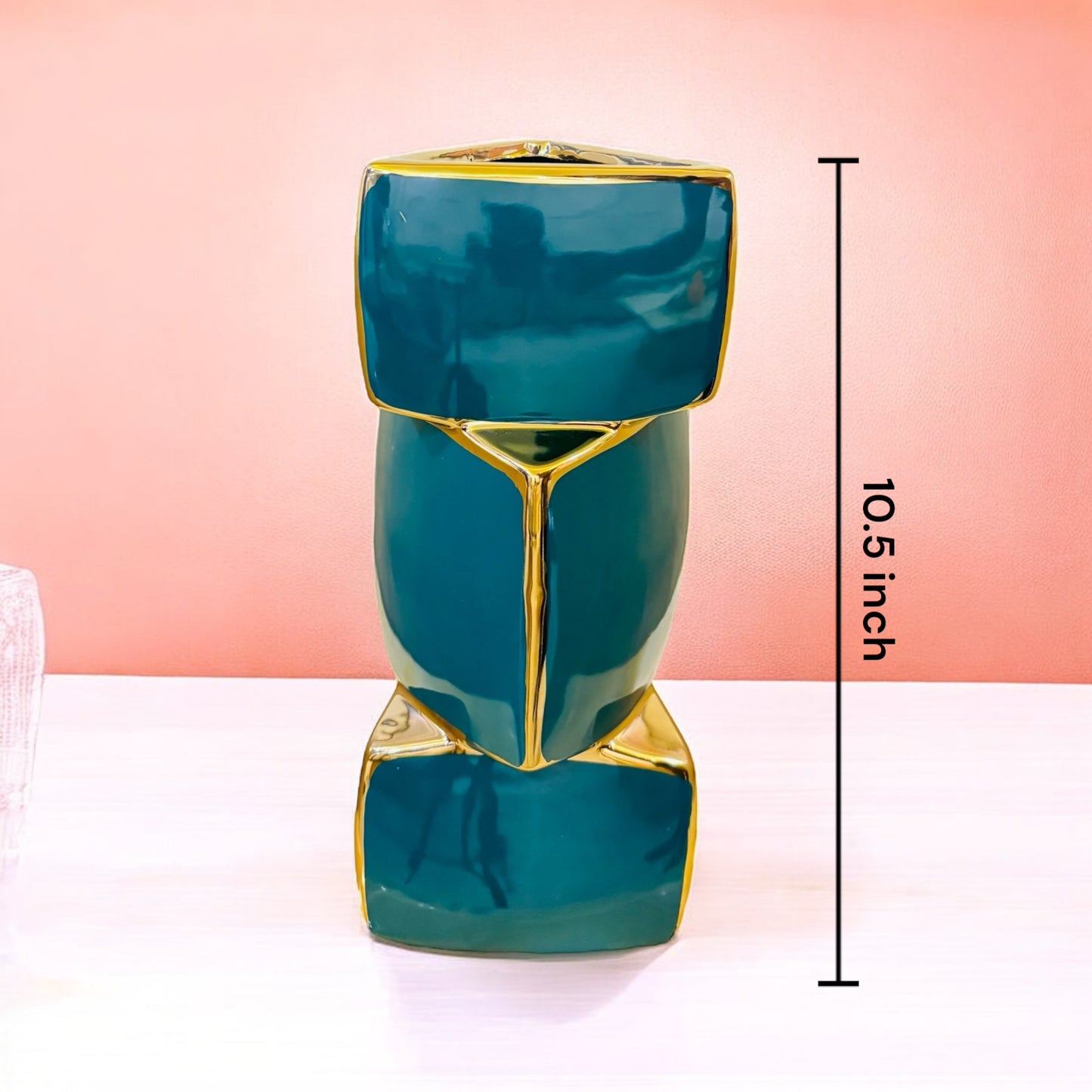 Modern Geometric Metal Vase with Glossy Teal and Gold Finish
