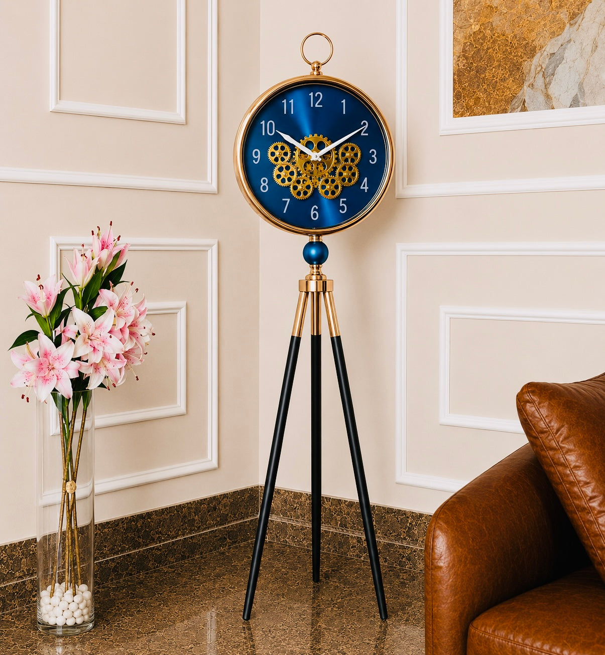 Luxury Gear Design Tripod Floor Clock with Decorative Moving Gears