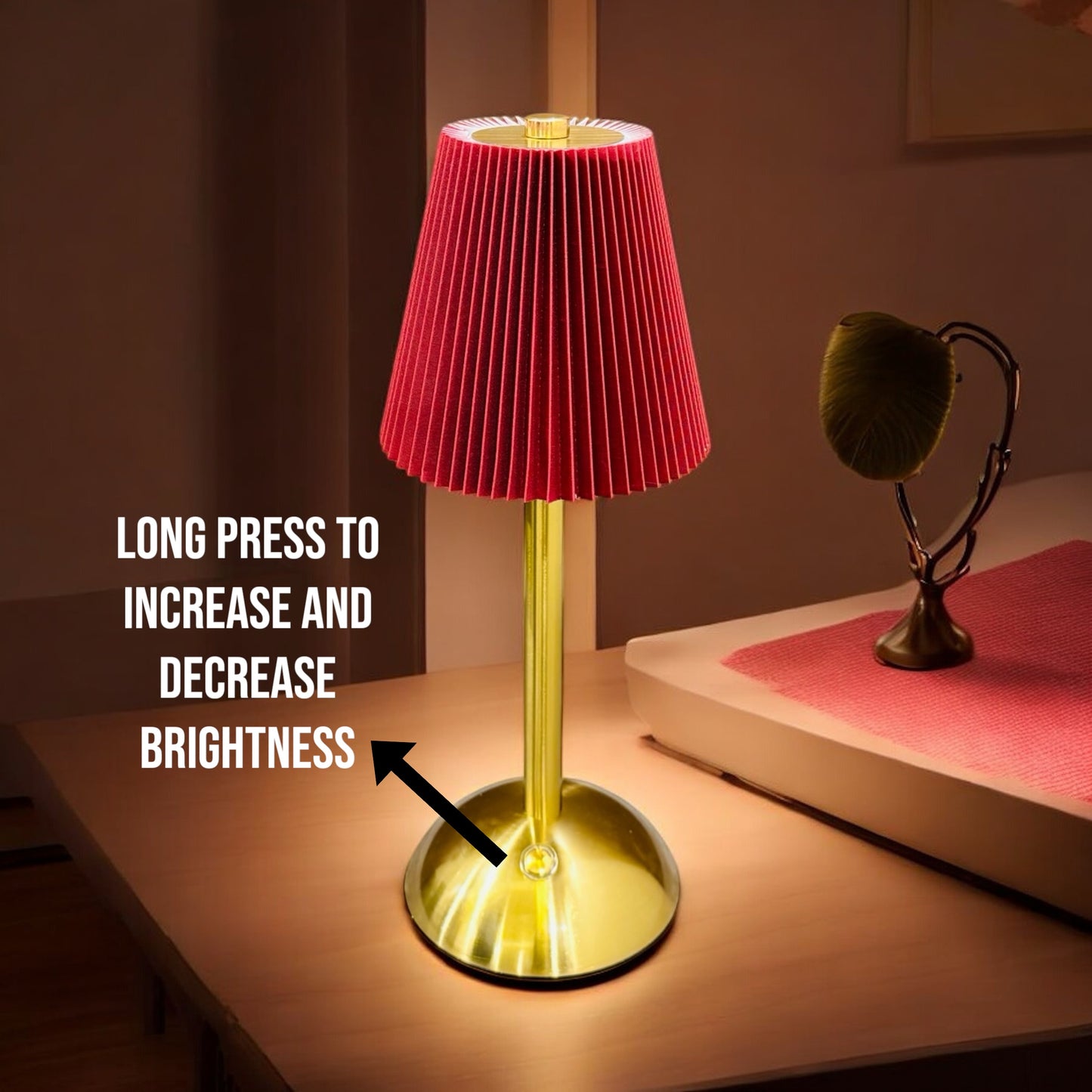Elegant Gold Table Lamp with Pleated Red Shade Design
