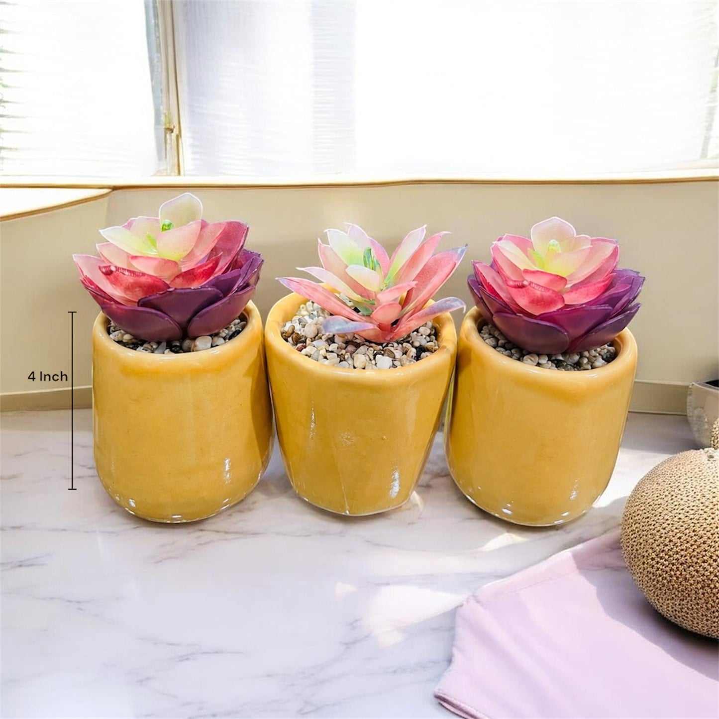 Mini Artificial Pink Succulents in Ceramic Pots with Pebbles (4Inch) for Home and Office Decor