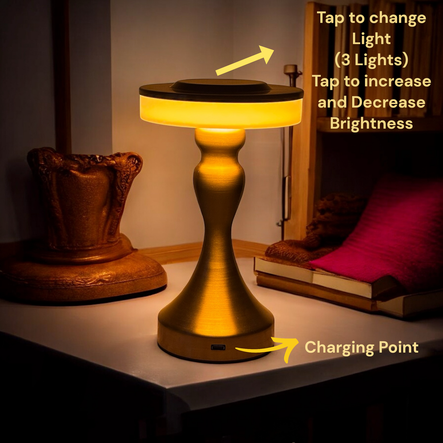 Elegant Touch-Control LED Rechargeable Table Lamp – Modern Brass Finish