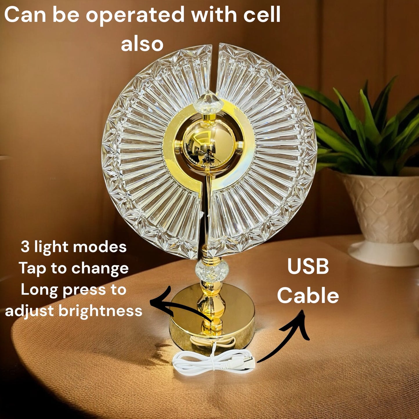 Versatile Circular Crystal Table Lamp with 3 Light Modes and Adjustable Brightness and Shape