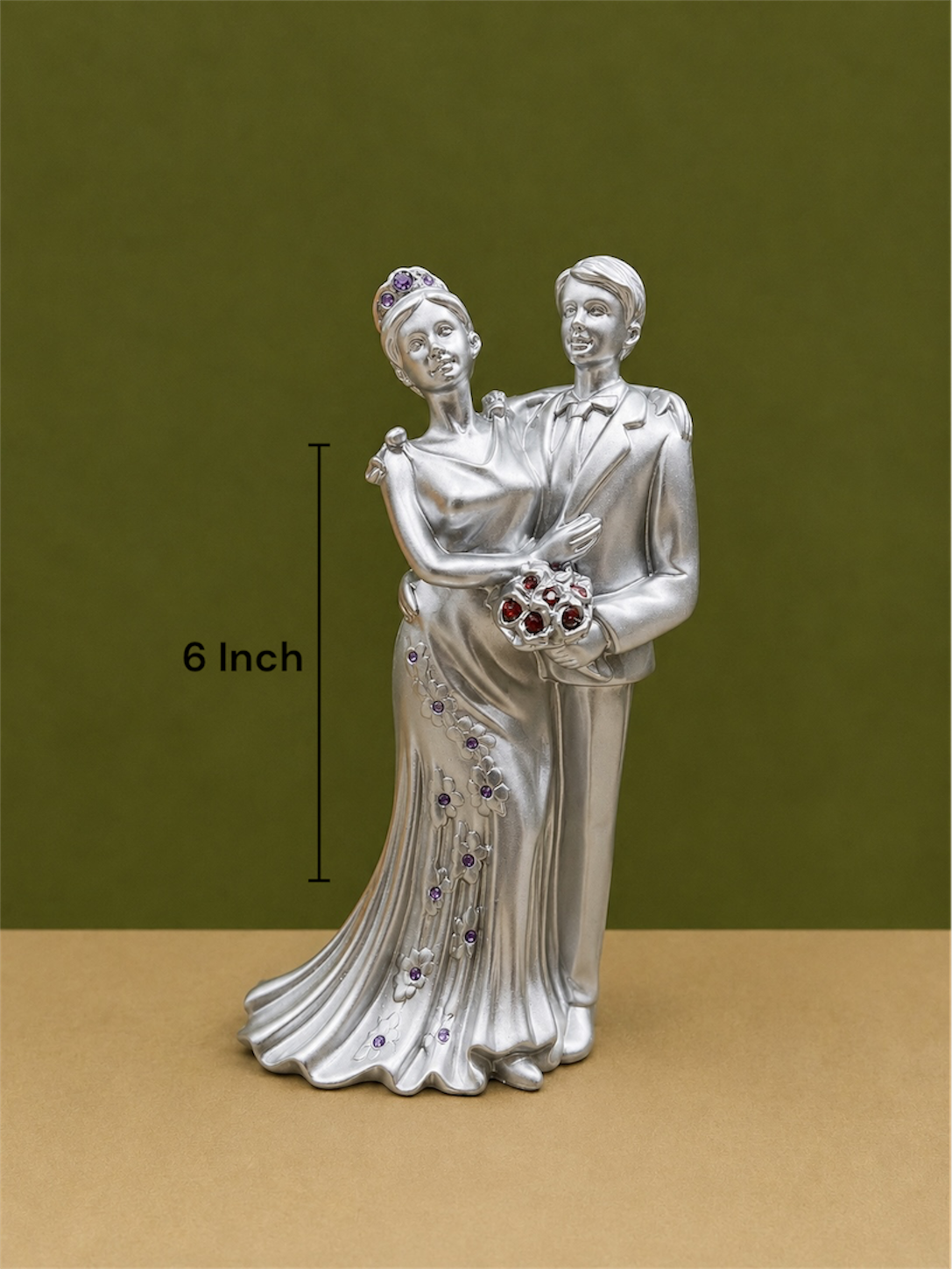 Silver Wedding Couple Resin Figurine with Gemstone Accents 6 Inch Resin Decor