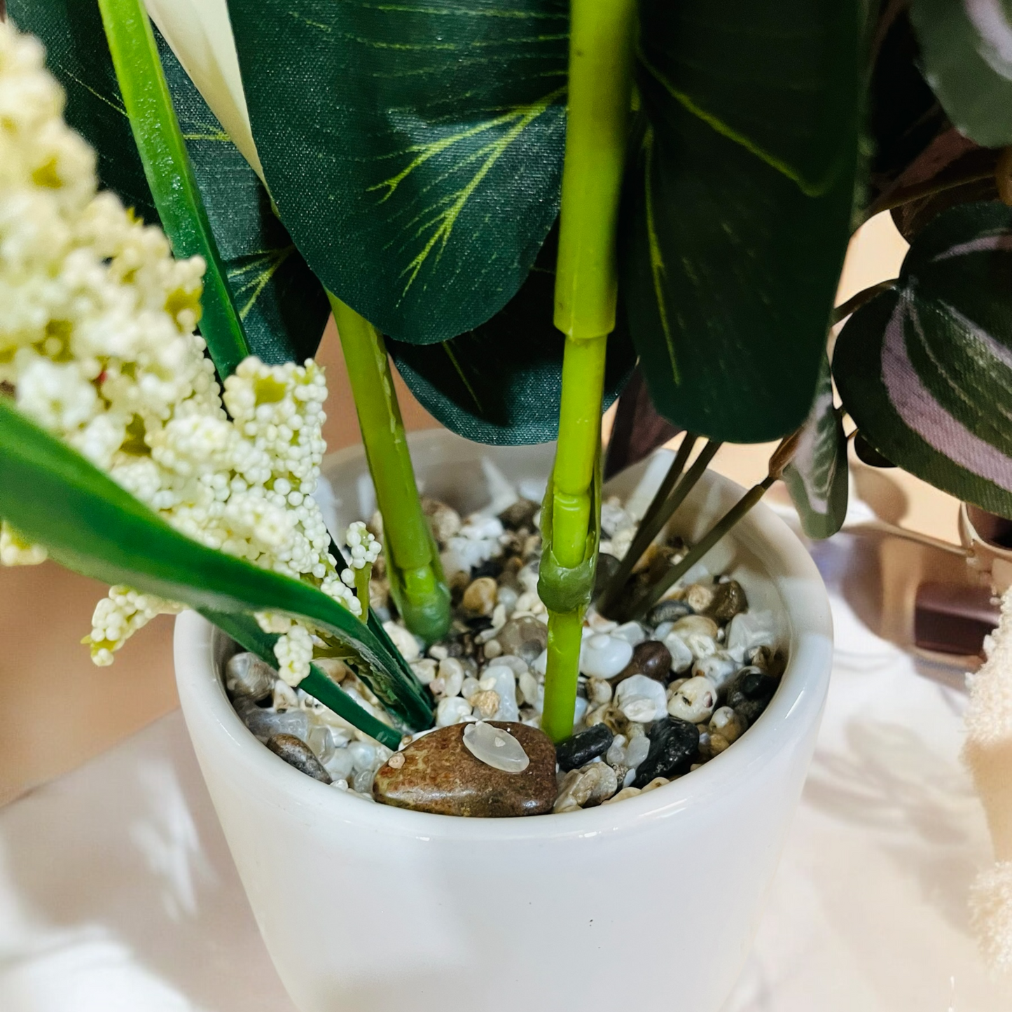 Artificial Lily Flower Plant with Authentic Pebbles and shells for Bathroom