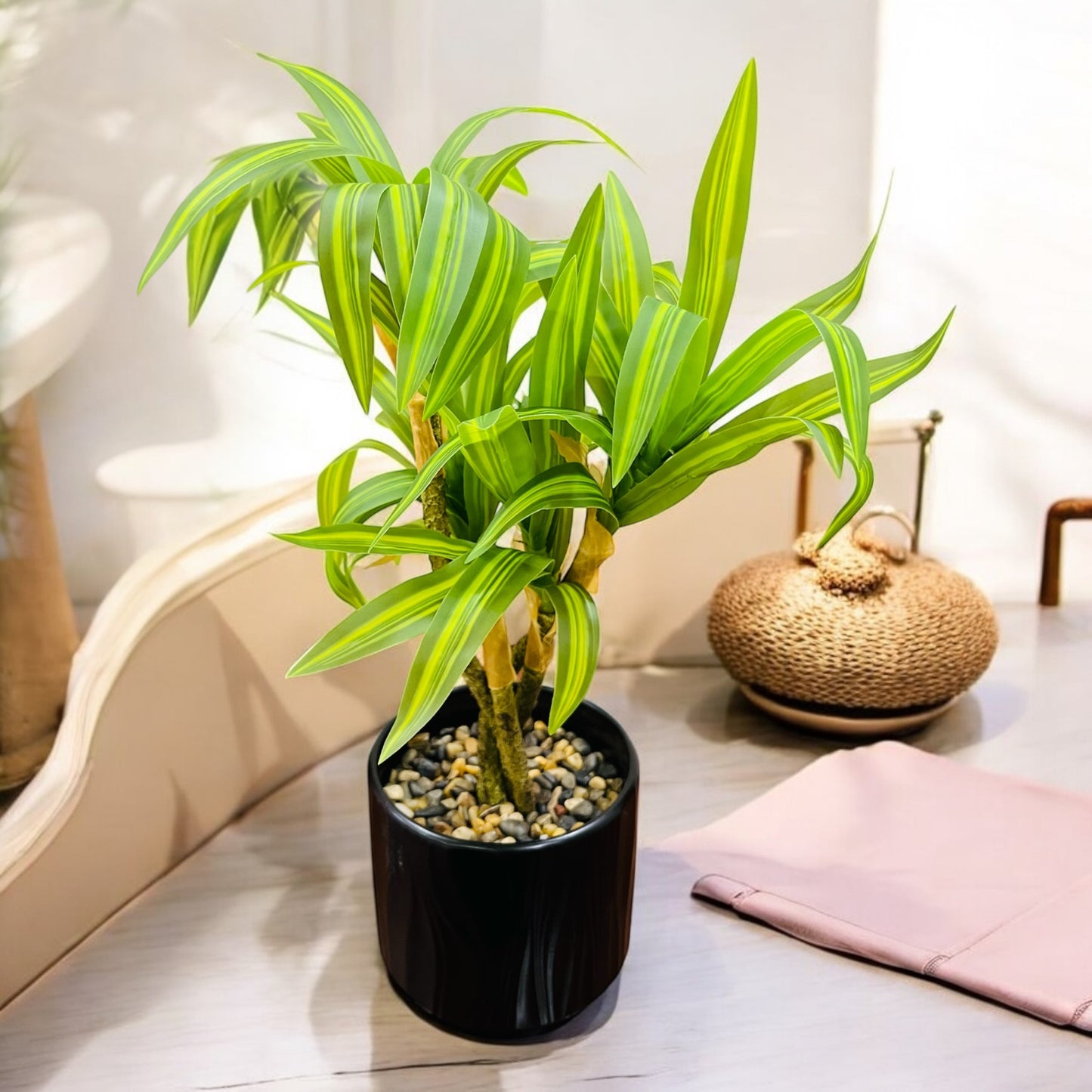 Artificial Cornstalk Plant in Ceramic Pot with Pebbles