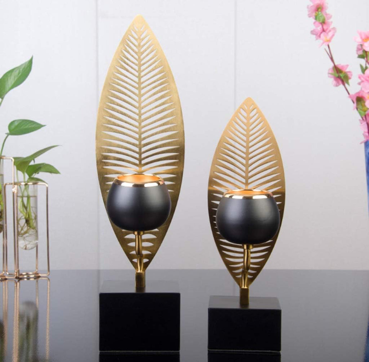 Iron Leaf Shaped Candle Holder With Marble Base Set of 2 for Home Decor