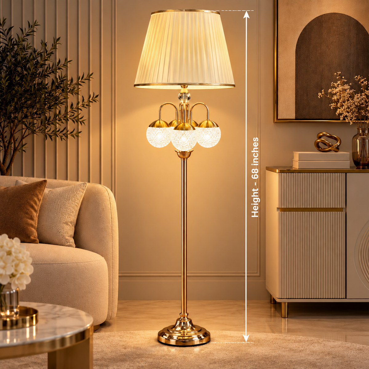Luxury Golden 3-Light Floor Lamp with Pleated Shade – 68 Inches